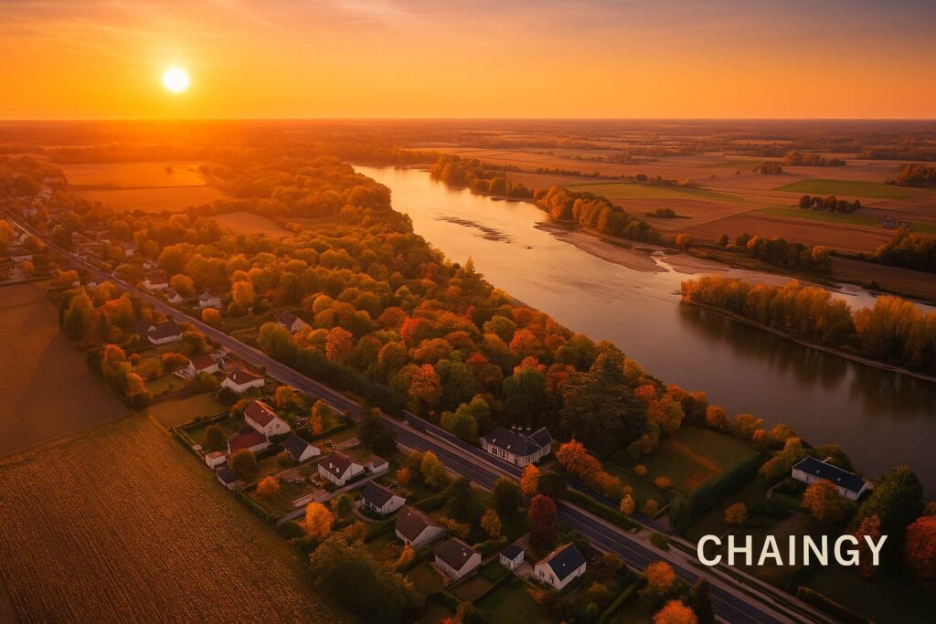 estimation immobilière à Chaingy et vue au bord de la Loire au coucher du soleil, illustrant le marché immobilier local en 2025.
