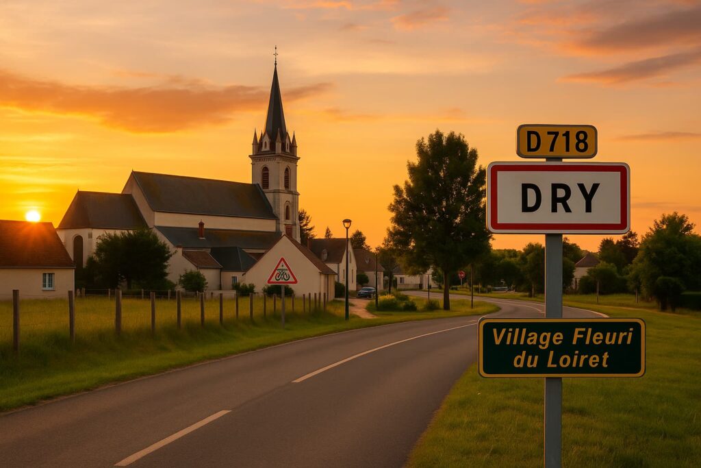 Entrée du village de Dry (Loiret) au lever du soleil - Estimation immobilière à Dry