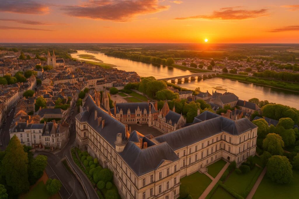 Vue aérienne de Saint-Laurent-Nouan et de la Loire au coucher du soleil – Vendre à Saint-Laurent-Nouan