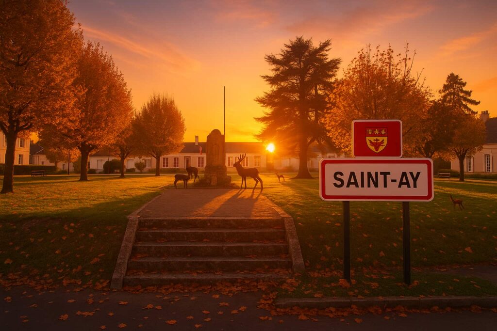 Prix au m2 à Saint-Ay et panneau entrée , loiret sologne coucher soleil